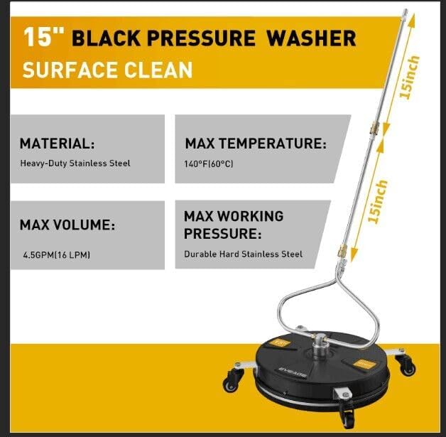 EVEAGE 15" Black Pressure Washer Surface Cleaner with Unique Curved Bar Design - 4 Wheel, 2 Nozzle Stainless Steel Pressure Washer Surface Cleaner for Driveway and Sidewalk Cleaning
