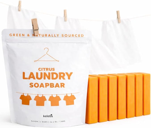 KELEBS Laundry Soap Bar - Natural Citrus Formula with Organic Ingredients - Stain Remover for Delicate Clothes, Underwear, Collar - 7 Bars | Aluminum Packaging