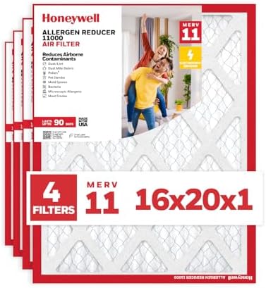 Honeywell 16x20x1 MERV 11 Allergen Reducer 11000 Electrostatic Pleated HVAC AC Furnace Air Filter (4-Pack) | Replacement Filter for Home Use | Made in USA by HoneywellAirComfort