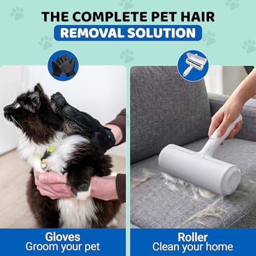 Pet Hair Remover Roller with 2 Grooming Gloves ?€? Reusable Lint Remover for Dogs and Cats (Blue) - Image 3