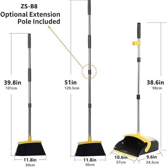2-Pack is More economical,Brooms with Dustpan Combo Set， with 52" Long Handle, Dustpan Teeth with self-Cleaning Function, Indoor and Outdoor Sweeping, Perfect for Home Office (Large/Yellow/ 2-Pack)