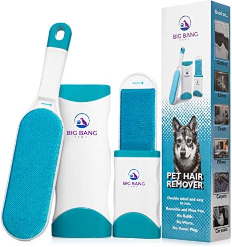 Pet Hair Remover Brush - Dog Hair Remover for Clothes - lint Brush pet Hair Remover - Reusable Fur Remover for Furniture and Clothing - Light pet Dander Remover with self Cleaning Base by BigBangPaws