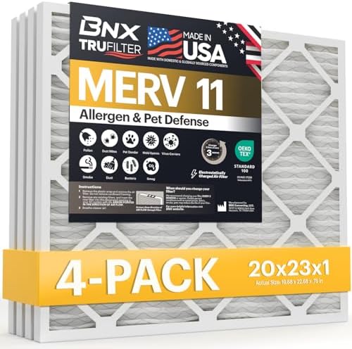 BNX TruFilter 20x23x1 Air Filter MERV 11 (4-Pack) - MADE IN USA - Allergen Defense Electrostatic Pleated Air Conditioner HVAC AC Furnace Filters for Allergies, Dust, Pet, Smoke, Allergy MPR 1200 FPR 7 by BNX