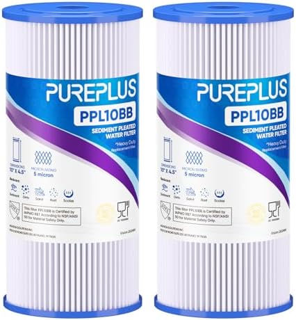 PUREPLUS 5 Micron 10" x 4.5" Whole House Pleated Sediment Filter,2 Pack by PUREPLUS