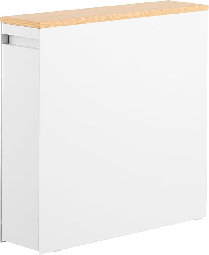 Yamazaki Home Pull-Out Bathroom Storage Cabinet – Slim Bathroom Storage Cabinet with Wood Top, Steel Organizer for Toilet Paper and Cleaning Supplies, Modern Space-Saving Design, White - Steel + Wood