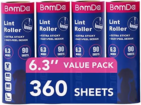 Extra Sticky Large Surface Lint Roller, 6.3''Wide Roller for Pet Hair | Long Handle Lint Remover for Couch, Furniture, Clothes, Dog & Cat Hair Remover (4 Refills / 360 Sheets) by BomDa