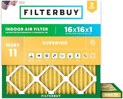 Filterbuy 16x16x1 Air Filter MERV 11 Pet & Allergy Defense (2-Pack) by Filterbuy