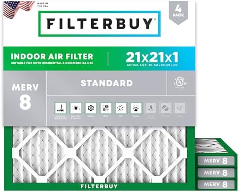 Filterbuy 21x21x1 Air Filter MERV 8 Dust & Allergy Defense (4-Pack) by Filterbuy