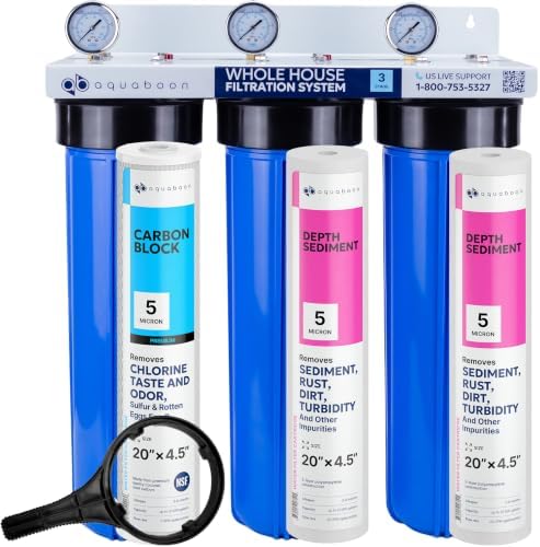 Aquaboon 3-Stage Whole House Water Filter System with 20x4.5 CTO & Sediment Filters, Against Sediment & Chlorine | w/Wrench, Bracket, Gauge & Release by Aquaboon