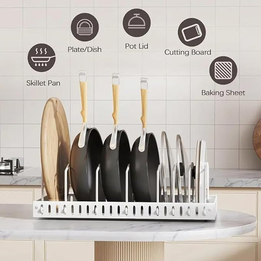 2 Pack Pull Out Pots and Pans Organizer Rack for Cabinet and Countertop, Pull Out Cabinet Organizer with 8 Adjustable Dividers, Kitchen Storage for Pot Lid, Dishes, Bakeware, Pots and Pans, White