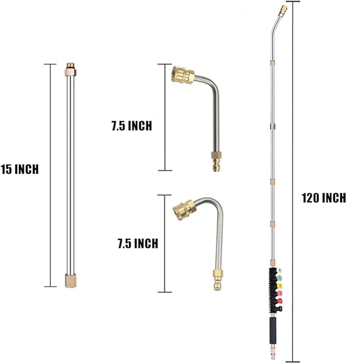 Selkie 120inch Stainless Steel Pressure Washer Extension Wand Power Washer Lance with Spray Nozzle Tips,30°,90°Curved Rod, 1/4’’Quick Connect, Replacement for Anti-Leaked Ring 4000 PSI…
