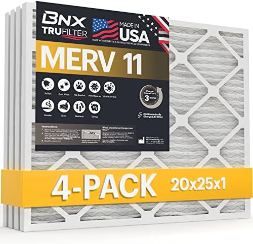 BNX 20x25x1 MERV 11 Air Filter 4 Pack - MADE IN USA - Electrostatic Pleated Air Conditioner HVAC AC Furnace Filters - Removes Dust, Mold, Pollen, Lint, Pet Dander, Smoke, Smog by BNX