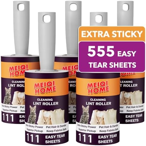 Lint Rollers for Pet Hair Extra Sticky, 555 Sheets Mega Value Set Lint Roller with 5 Upgraded Handles, 5 Rollers Portable Pet Lint Remover for Clothes, Furniture, Carpet, Dog & Cat Hair Removal by MEIQIHOME