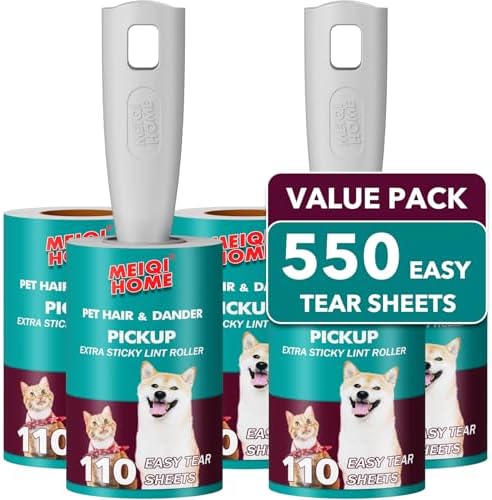 Lint Rollers for Pet Hair Extra Sticky, 550 Sheets Mega Value Set Lint Roller with 2 Upgraded Handles, 5 Rollers Portable Pet Lint Remover for Clothes, Furniture, Carpet, Dog & Cat Hair Removal by MEIQIHOME