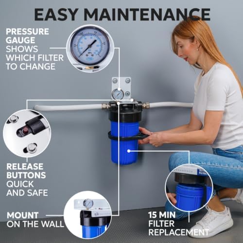 Aquaboon Whole House Water Filter System for Well Water with 5 Micron 10x4.5 Purification Pleated Sediment Cartrige | NSF Certified, Pressure Gauges & Releas, Wrench, Bracket 1" NPT - Image 4