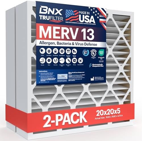 BNX TruFilter 20x20x5 (19.88’’ x 19.88’’ x 4.38‘’ Honeywell Compatible 4”) MERV 13 Air Filter (2-Pack) - MADE IN USA - HVAC AC Furnace Filters Health, Allergies, Mold, Bacteria, Smoke, MPR 1900 FPR 10 by BNX