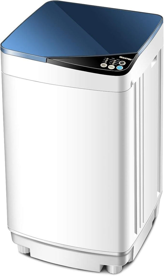 Giantex Full-Automatic Washing Machine Portable Washer and Spin Dryer 7.7 lbs Capacity Compact Laundry Washer with Built-in Barrel Light Drain Pump and Long Hose for Apartments Camping (White & Blue)