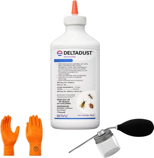 DeltaDust Insecticide with Puffer Duster – Professional Pest Control Dust for Cracks & Crevices – Indoor/Outdoor Use | Premium USA Supply Gloves for Safe Eradication | USA Supply Pest ID Card