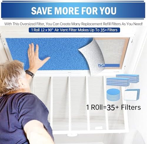 UBeesize Air Vent Filters, 12" x 90" Cut to Size Air Filter Material (35+ Filters), MERV 8 Triple Vent Filter Kit for Home Floor, Grilles, Ceiling, HVAC Furnace Vent, With 48PCs Adhesive Hook Tape - Image 5