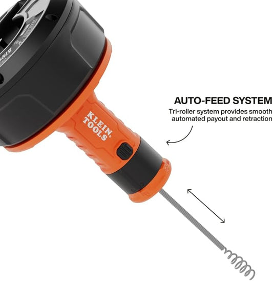 Klein Tools 53016 25-Foot Auto-Feed Drain Auger, Drum Auger, Snake Plumbing Tool, Drain Snake, Cleaner Tool, Tri-Roller System, Power Drill Compatible