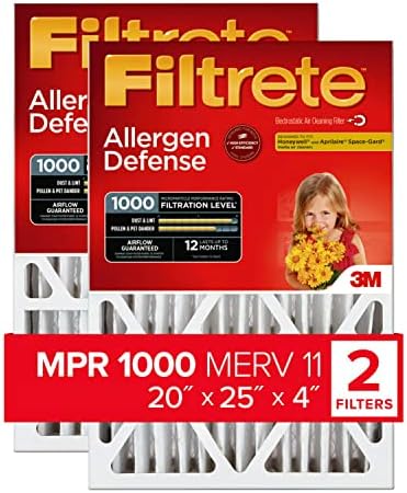 Filtrete 20x25x4 Air Filter MERV 11, MPR 1000 Micro Allergen Defense 2-Pack, Fits Honeywell & AprilAire, AC Furnace HVAC Filters for Home, Pleated Electrostatic (Actual Size 19.88 x 24.63 x 4.31 in) by Unknown