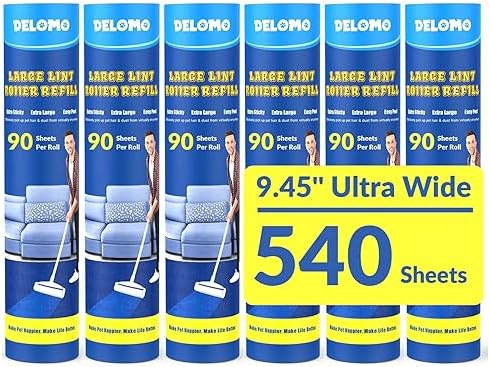 DELOMO 9.45” Large Lint Roller Refills, 6 Packs, 540 Extra Sticky Sheets | Sticky Roller Refills, Easy Tear Sheets, Compatible Only with DELOMO 9.45” Lint Roller, Floors, Carpets, Couches, Pet Hair by DELOMO