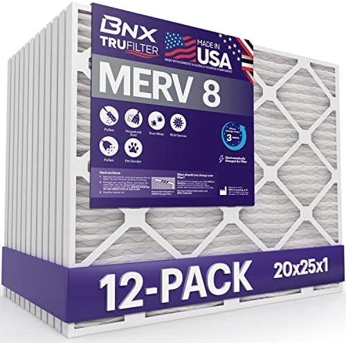 BNX TruFilter 20x25x1 Air Filter MERV 8 (12-Pack) - MADE IN USA – Dust & Pet Defense Electrostatic Pleated Air Conditioner HVAC AC Furnace Filters for Dust, Pet, Mold, Pollen MPR 600 – 700 & FPR 5 by BNX