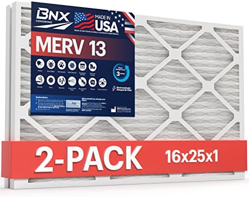 BNX TruFilter 16x25x1 Air Filter MERV 13 AC Filter, HVAC Furnace Filter, 2 Pack (ACTUAL SIZE 15.69"x24.69"x0.75") Allergies, Dust, Pet Dander & Smoke - MADE IN USA - MPR1500 / FPR 10 by BNX