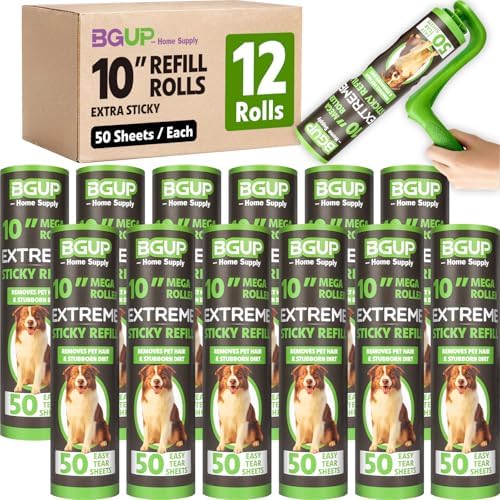 10 Inch Lint Roller Refills, 12 Rolls 600 Sheets Large Lint Rollers for Pet Hair Extra Sticky, Easily Remove Carpets, Clothes, Couch and Curtains Dust (Not Include Lint Roller Handle) by BGUP