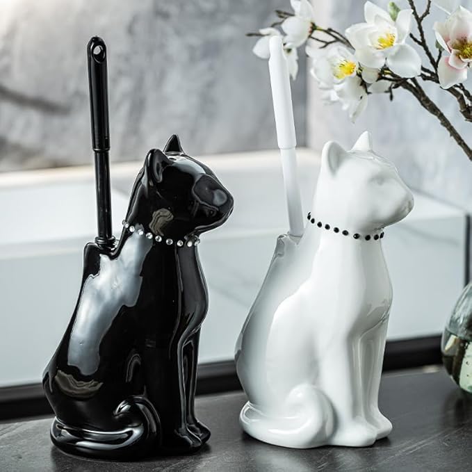 Comeon Ceramic Cat White/Black Toilet Brush and Holder Set, Plastic Handled Scrub Brush for Bathroom Cleaning,10.63"*6.3" (White)