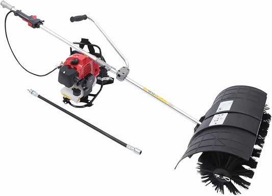 Gas Backpack Sweeper, 52Cc 2Stroke Petrol Powered Broom Driveway Turf Grass Cleaning Machine Hand Pull Start with Funnel & Goggles for Cleaning Driveway Turf Lawns Artificial Grass 1700W 200Rpm