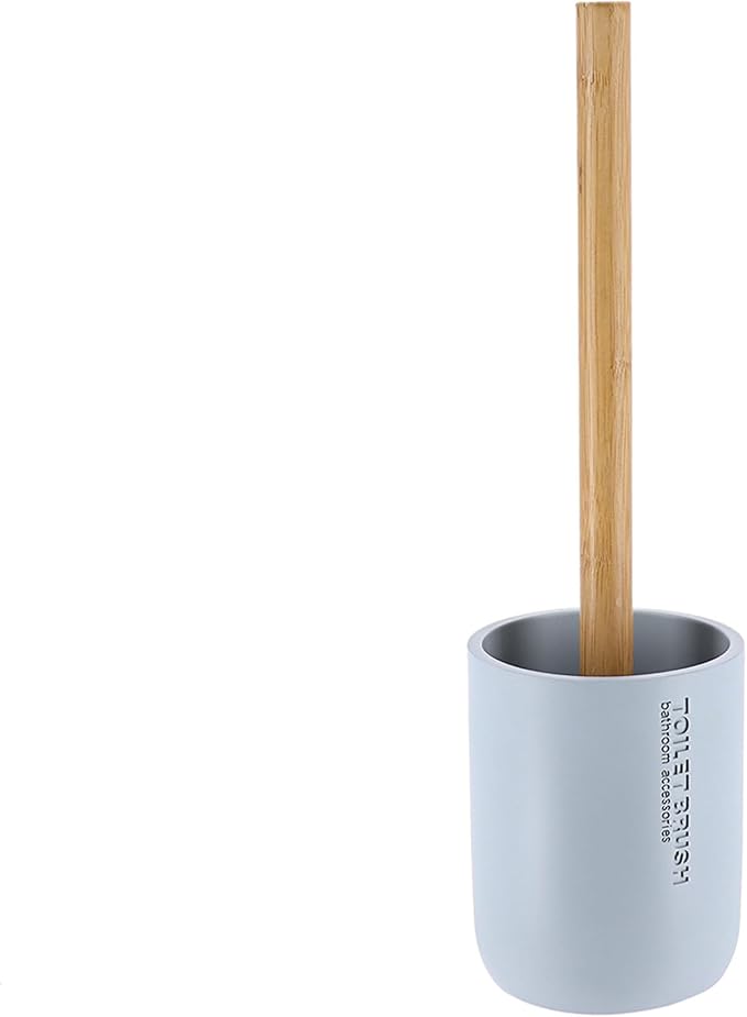 Compact Light Blue Toilet Brush and Holder Set with Natural Bamboo Handle - Durable Toilet Bowl Brush for Deep Bathroom Cleaning