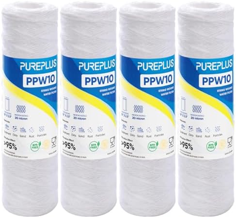 PUREPLUS 20 Micron 10"x2.5" Whole House String Wound Sediment Filter 4 Pack by PUREPLUS