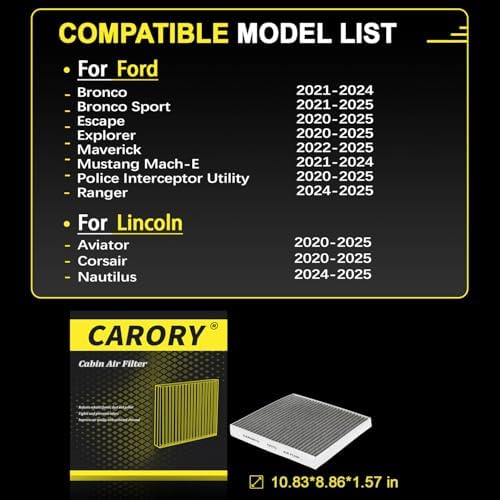 CARORY Cabin Air Filter w/Activated Carbon for Ford Bronco Sport 2021?€?2024, Escape 2020?€?2025, Explorer 2020?€?2025, Mustang Mach-E 2021?€?2024, Lincoln Aviator 2020?€?2025, Corsair 2020?€?2025 and More, CF772 - Image 3