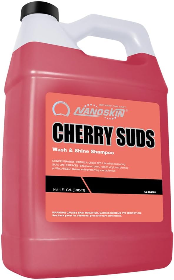 Nanoskin CHERRY SUDS Foaming Car Wash Shampoo 1 Gallon - Works with Foam Cannon, Foam Gun, Bucket Washes, Car Soap for Pressure Washer | Safe for Cars Trucks, Motorcycles, RVs & More | Cherry Scented