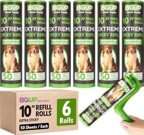10 Inch Lint Roller Refills, 6 Rolls 300 Sheets Large Lint Rollers for Pet Hair Extra Sticky, Easily Remove Carpets, Clothes, Couch and Curtains Dust (Not Include Lint Roller Handle) by BGUP