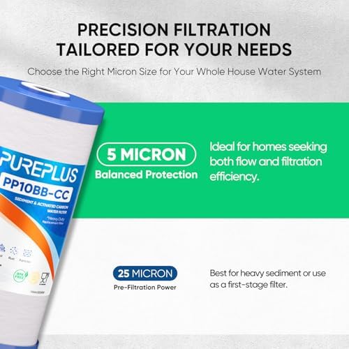PUREPLUS 5 Micron 10"x4.5" Whole House Sediment & Carbon Water Filter,3PACK - Image 3