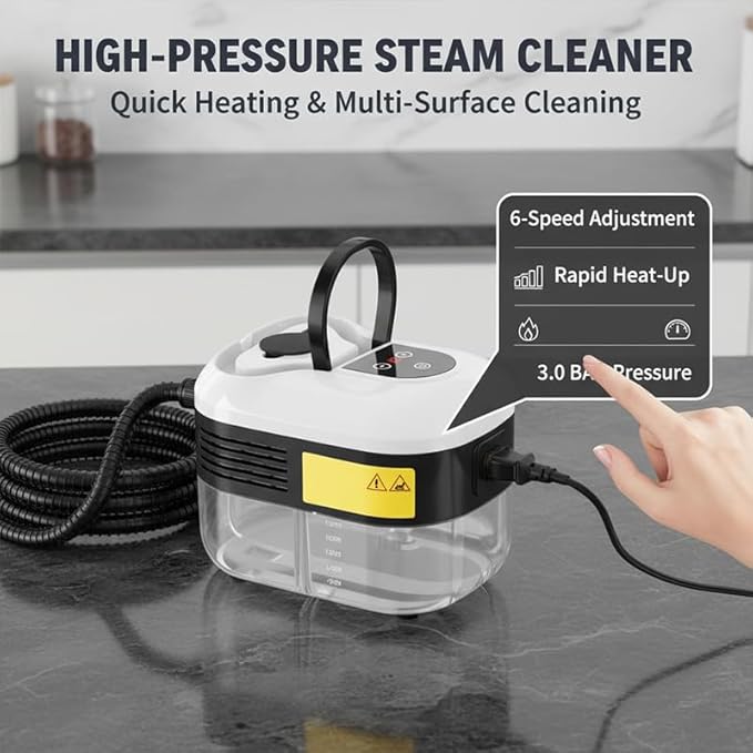 Handheld Steam Cleaner: 2500W High Temperature Pressurized Steamer with 6 Adjustable Levels - Portable Multi-Surface Steam Cleaning Machine for Kitchen, Bathroom, Furniture, Car, Windows (White)