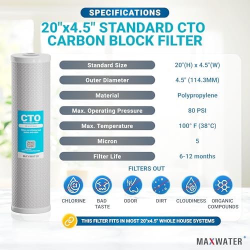 Max Water CTO 20"x4.5" 5 Micron Coconut Shell Carbon Block Water Filter | Whole House | Coconut shell Filter | Charcoal Filter | Compatible with FC25B, EPM-20BB, CB-BB-20, 155783-43, CTO20BB (4 Pack) - Image 2