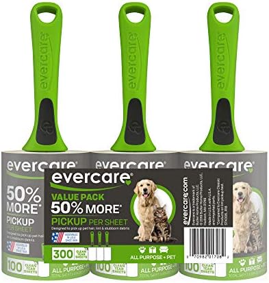 Evercare Pet Hair Lint Rollers All Purpose Use 100 Easy-Tear Sheets Per Roll Reusable Sticky Roller Pets Cat & Dog Hair Remover Contoured Handle For Furniture Clothing & Cars, Set of 3, Green by Evercare