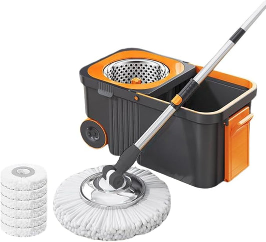 360 Spinning Floor Cleaning System with 6 Extra Refills Heads Extended Handle Household Cleaning Automatic Cleaning with Bucket for Household Floor Cleaning (Grey Orange)