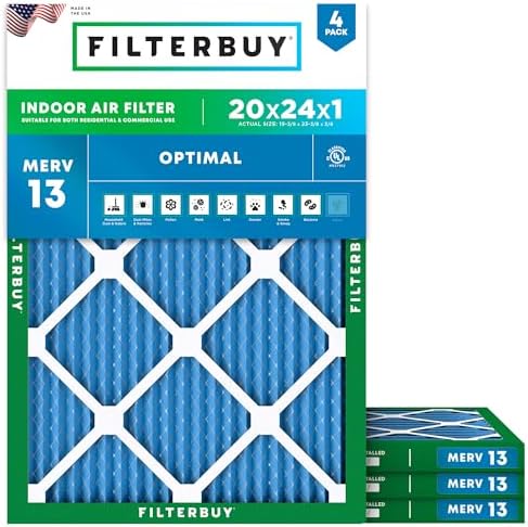Filterbuy 20x24x1 Air Filter MERV 13 Smoke & Allergy Defense (4-Pack) by Filterbuy