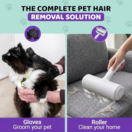 Pet Hair Remover Roller with 2 Grooming Gloves ?€? Reusable Lint Remover for Dogs and Cats (Purple) - Image 3