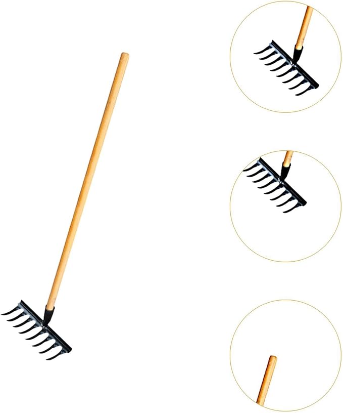 Garden Tool for Soil Preparation Wooden Handle Rake for Flower Beds, 8 Teeth 26x12x10cm