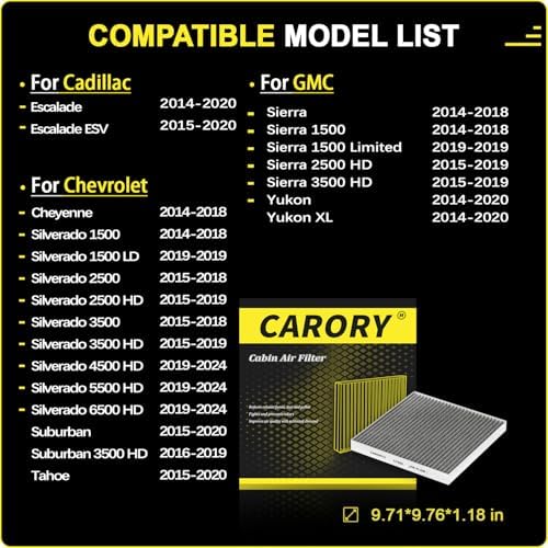 CARORY Cabin Air Filter w/Activated Carbon for Chevy Silverado 1500 2014-2018, Tahoe 2015-2020, Suburban 2015-2020, GMC Sierra 1500 2014-2018, Yukon 2014-2020, Yukon XL 2014-2020, CF809 - Image 3