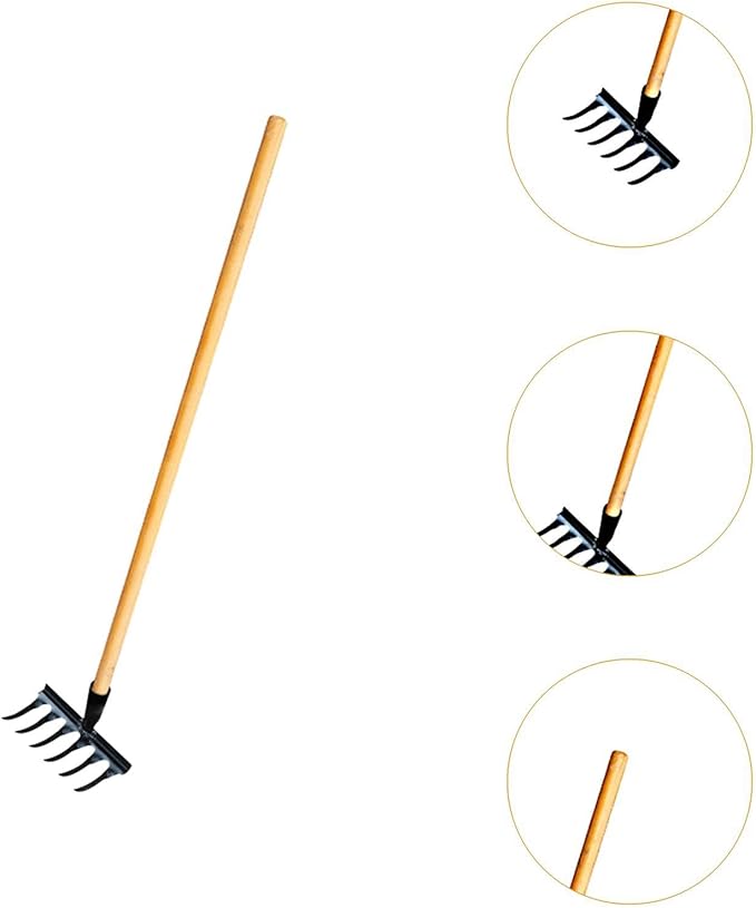 Garden Tool for Soil Preparation Wooden Handle Rake for Flower Beds, 6 Teeth 19x12x10cm