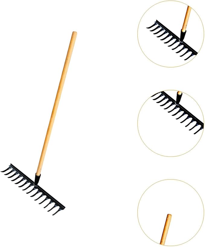 Garden Tool for Soil Preparation Wooden Handle Rake for Flower Beds, 14 Teeth 48x12x10cm