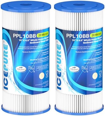 ICEPURE 20 Micron 10" x 4.5" Whole House Extra Coarse Pleated Sediment Filter for Well Water, Replacement Cartridge for GE FXHSC, DuPont WFHDC3001, R50-BB, Culligan R50-BBSA, W50PEHD, 2Pack by ICEPURE