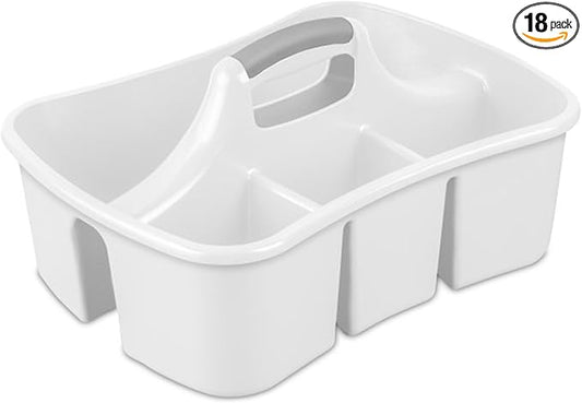 Sterilite Divided Ultra Caddy, Plastic, Portable Storage to Hold Bathroom and Cleaning Supplies, 5 Large Compartments and Handle, White, 18-Pack
