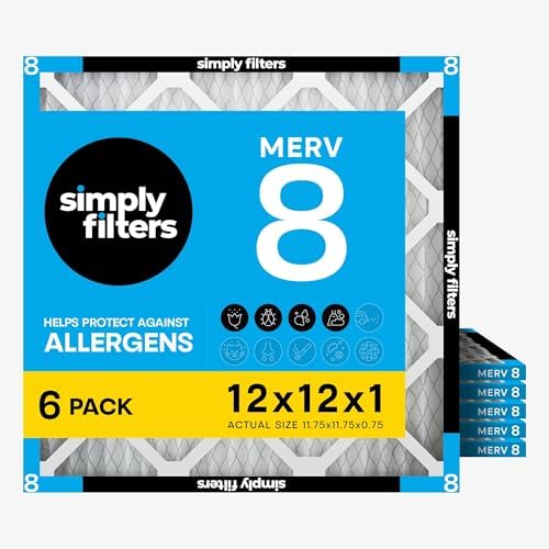 Simply 12x12x1 Air Filter, MERV 8, 6 Pack, Furnace Air Filter for HVAC (Actual Size: 11.75"x11.75"x0.75") DUST, Pet, & Allergy Control by SimplyFilters
